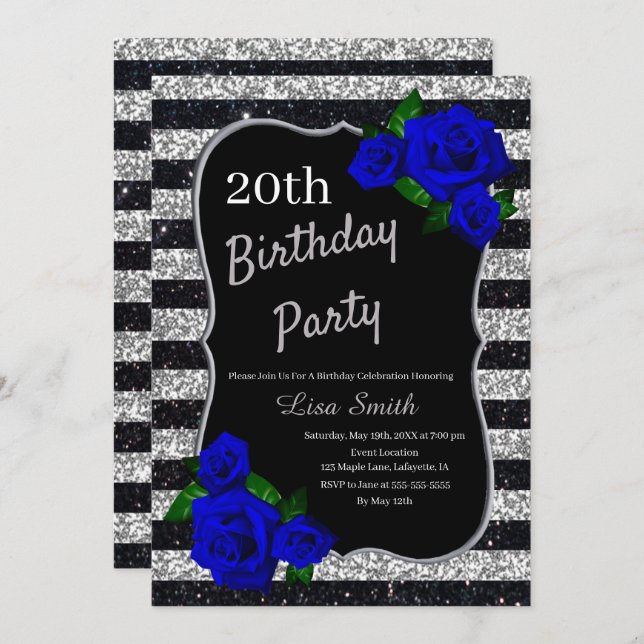 Silver Black Stripes Glitter Deep Blue Roses Invitation (Front/Back)