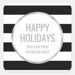Silver Black Stripes Happy Holidays Custom Square Sticker
