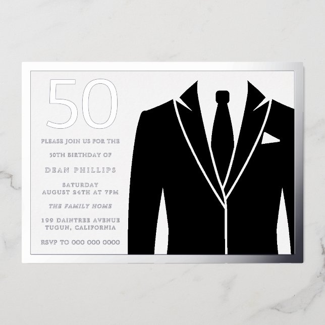 Silver & Black Suit & Tie 50th Birthday Party (Front)