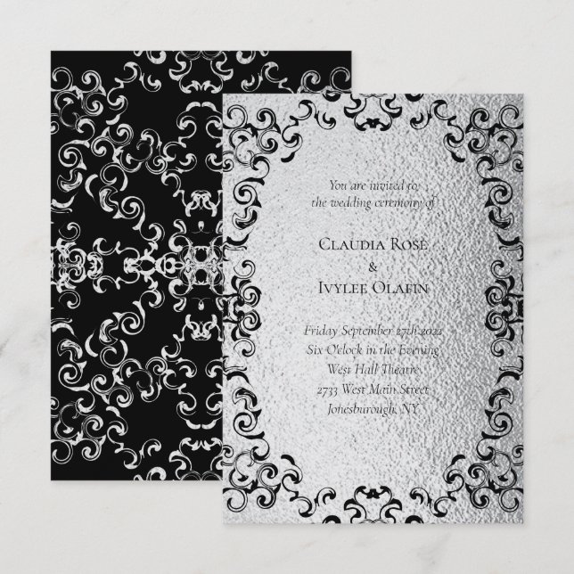 Silver & Black Swirl Gothic Wedding Invitation (Front/Back)