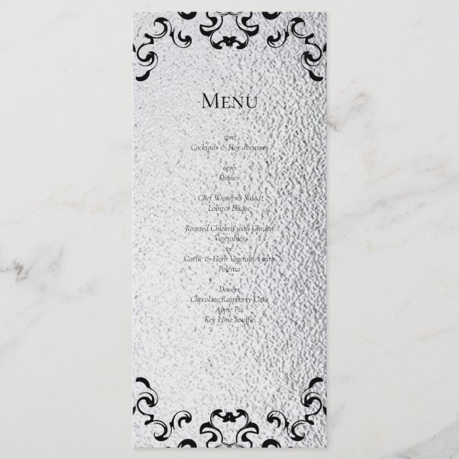 Silver Black Swirl Gothic Wedding Menu (Front)