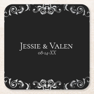 Silver & Black Swirl Gothic Wedding Square Paper Coaster