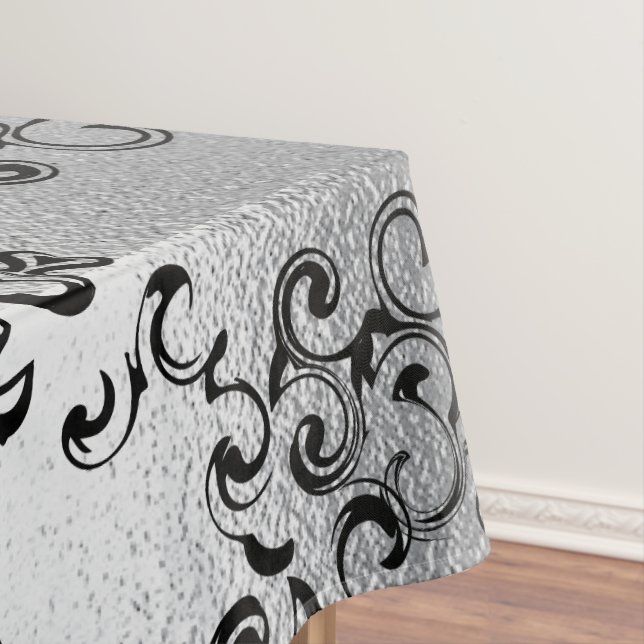 Silver & Black Swirl Gothic Wedding Tablecloth (In Situ)