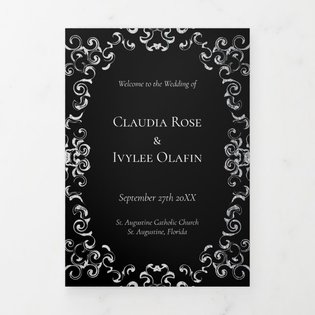 Silver & Black Swirl Gothic Wedding Tri-Fold Programme (Cover)