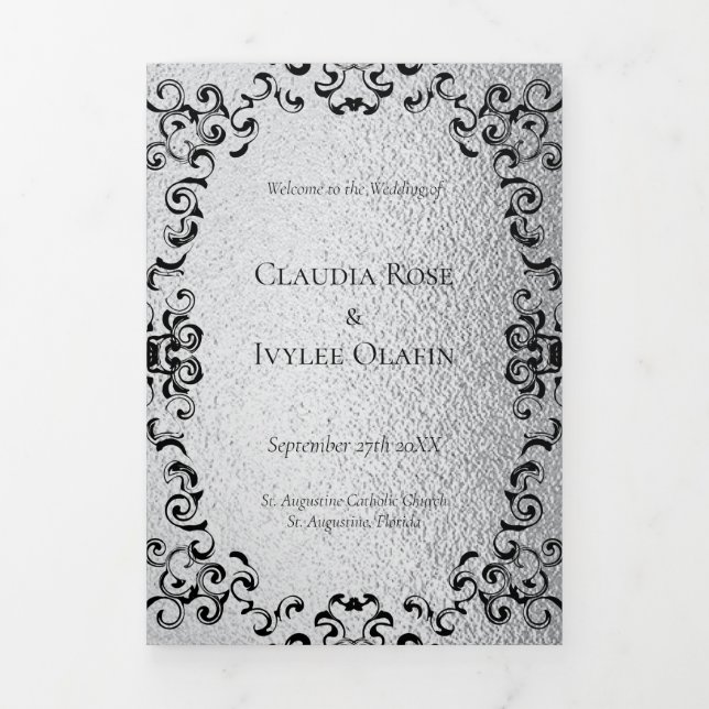 Silver & Black Swirl Gothic Wedding Tri-Fold Programme (Cover)