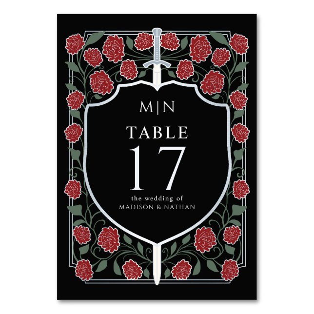 Silver Black Sword & Shield Fantasy Wedding  Table Number (Front)