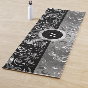 Silver & Black Vintage Damask Yoga Mat
