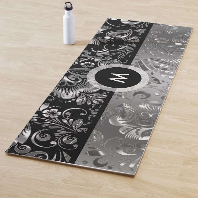 Silver & Black Vintage Damask Yoga Mat (In Situ)