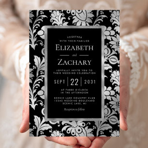 Silver Black Vintage Floral Pattern Wedding Invitation
