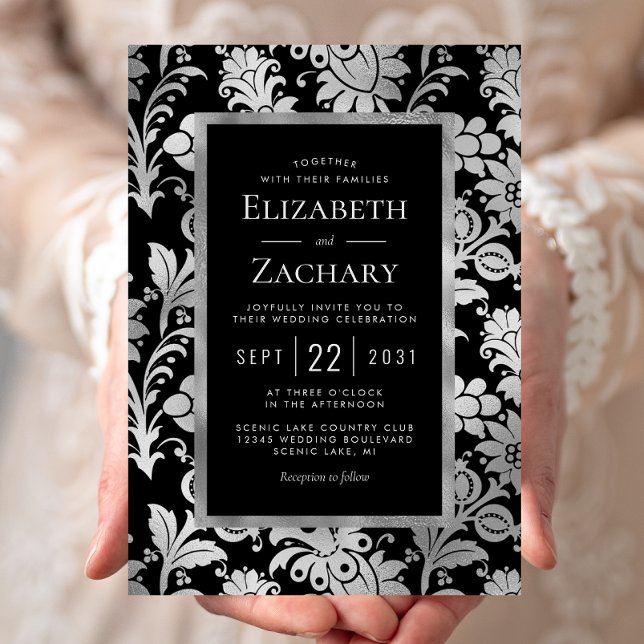 Silver Black Vintage Floral Pattern Wedding Invitation (Creator Uploaded)