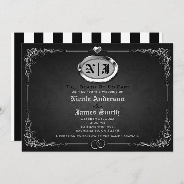 Silver & Black Vintage Gothic Halloween Wedding Invitation (Front/Back)
