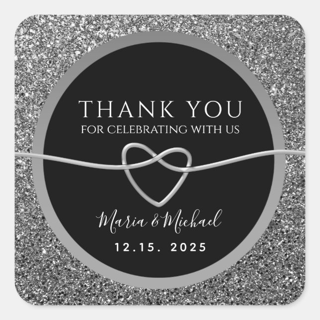 Silver Black Wedding Thank You Square Sticker (Front)