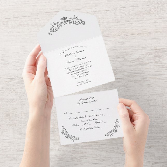 Silver Black White Flourish Ornate Formal Wedding  All In One Invitation (Tearaway)