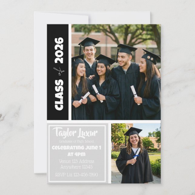 Silver Black White Picture Border Graduation Invitation (Front)