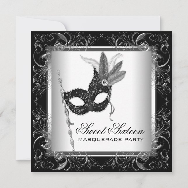 Silver Black White Sweet 16 Masquerade Party Invitation (Front)