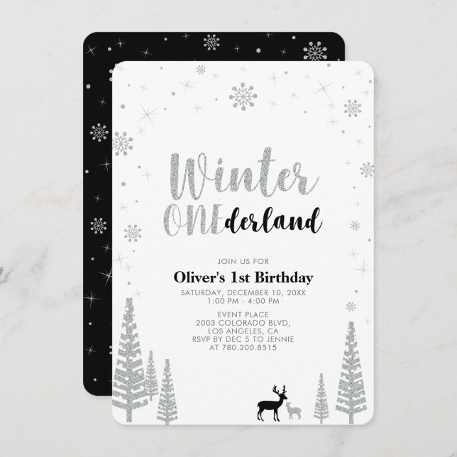 Silver, Black Winter onederland 1st birthday party Invitation (Front/Back)