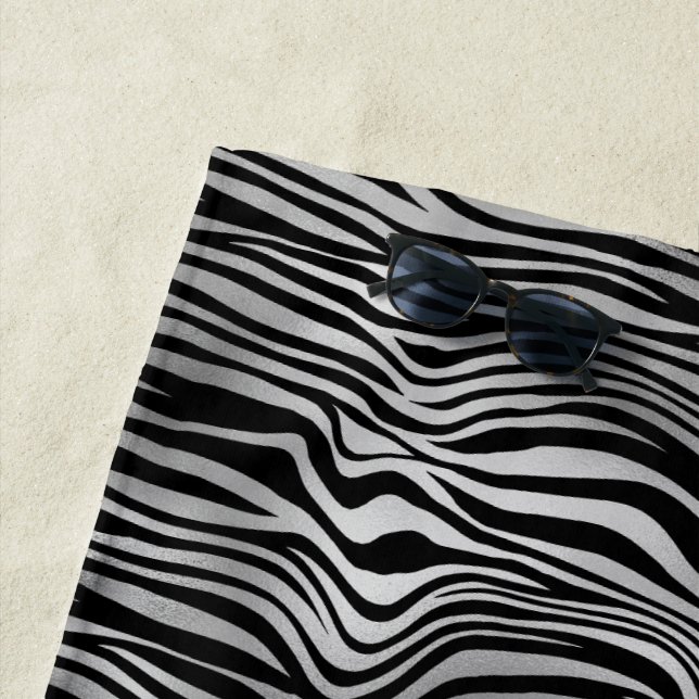 Silver Black Zebra Print Beach Towel (In Situ)