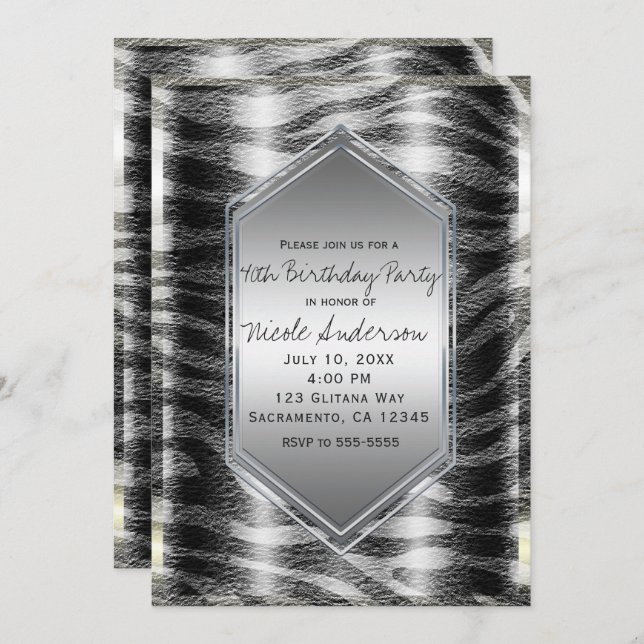 Silver Black Zebra Print Birthday Party Any Event Invitation (Front/Back)