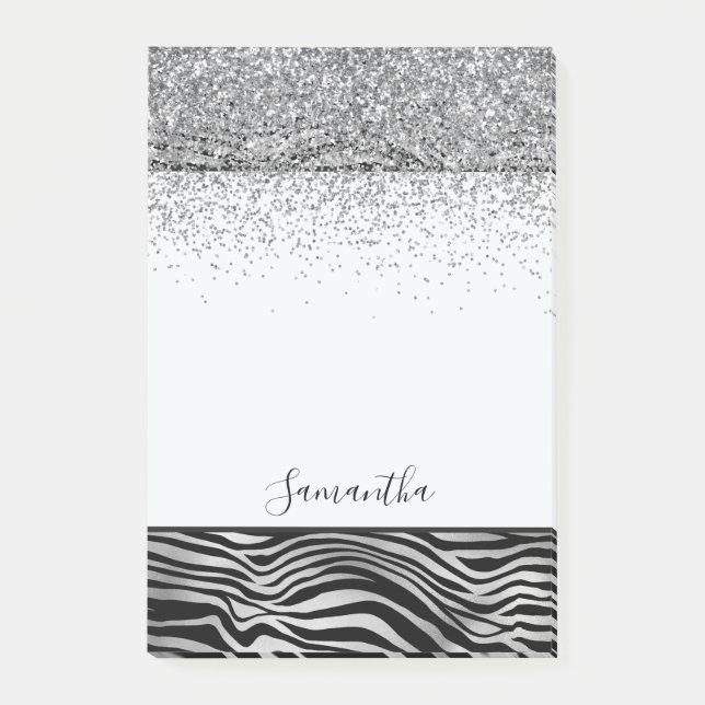 Silver Black Zebra Print Sparkle Post-it Notes (Front)