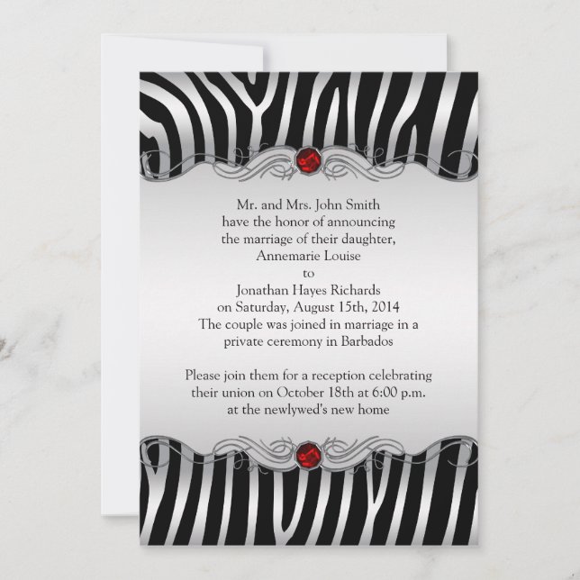 Silver Black Zebra Red Jewel Post Wedding Invitati Invitation (Front)