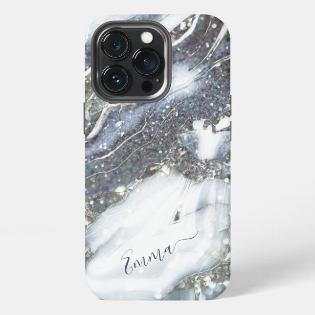 Silver bling glitter custom name script iPhone case (Back)
