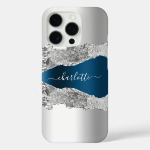 Silver blue agate marble name script iPhone 16 pro case