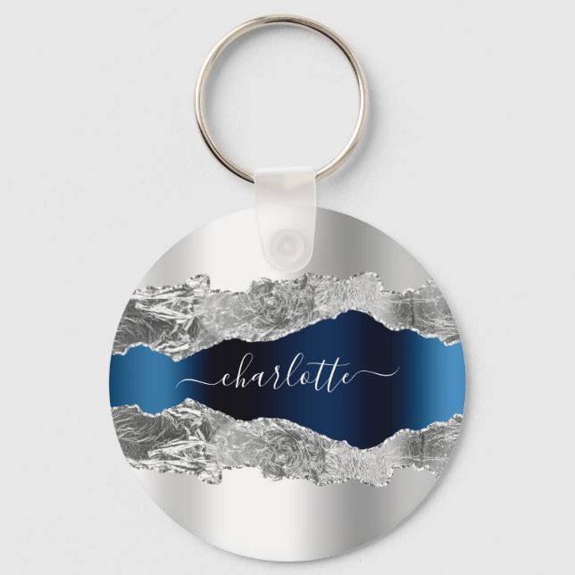 Silver blue agate marble name script key ring (Front)