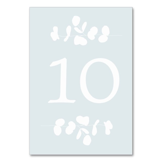 Silver Blue and White Eucalyptus Table Number (Front)