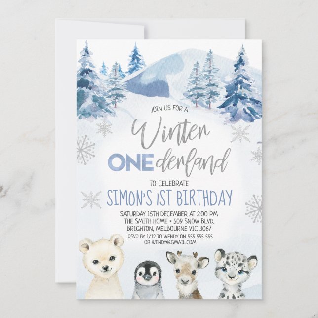 Silver Blue Arctic Winter Onederland Birthday  Invitation (Front)