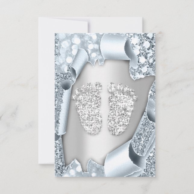 Silver Blue Baby Shower Feet Boy Girl 3d Effect Invitation (Back)