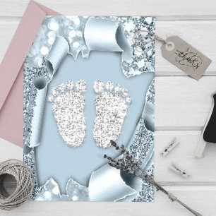 Silver Blue Baby Shower Feet Boy Glitter Invitation