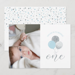Silver & Blue Balloons   Boy 1st Birthday Party Invitation