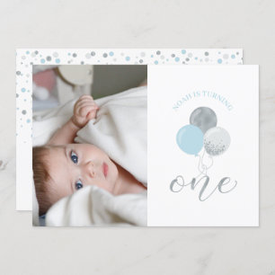 Silver & Blue Balloons   Boy 1st Birthday Party Invitation