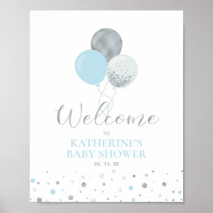Silver & Blue Balloons Boy Baby Shower Welcome Poster
