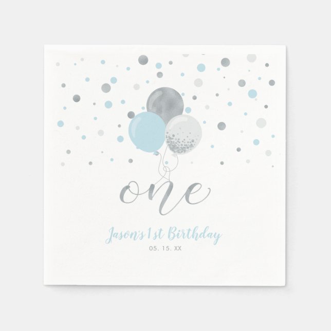 Silver & Blue Balloons Confetti Boy 1st Birthday Napkin (Front)