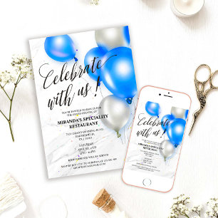 Silver Blue Balloons Grand Opening Ribbon Cutting Invitation