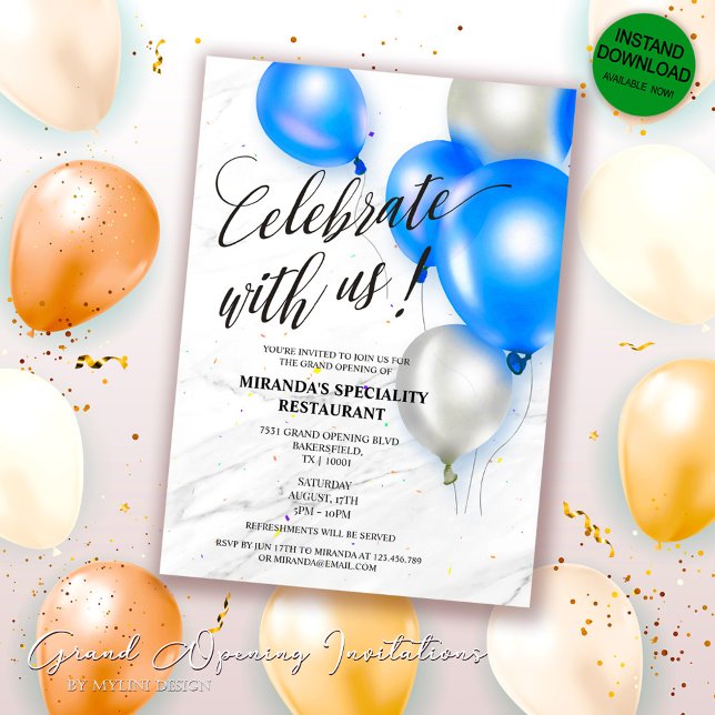 Silver Blue Balloons Grand Opening Ribbon Cutting Invitation (Creator Uploaded)