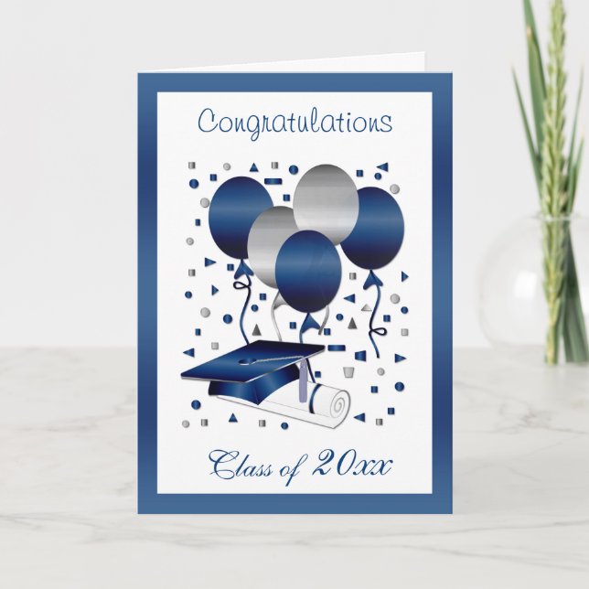Silver blue balloons, mortar & diploma Graduation Card (Front)