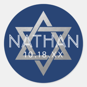 Silver Blue Bar Mitzvah Star of David Custom Classic Round Sticker
