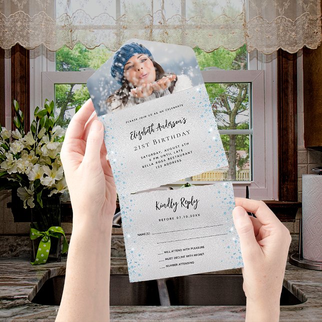 Silver blue birthday photo rsvp all in one invitation (Creator Uploaded)