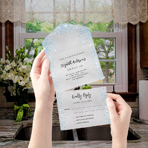 Silver blue birthday rsvp all in one invitation