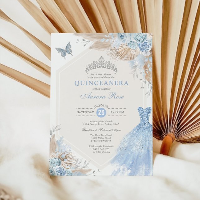 Silver Blue Boho Floral Quinceañera 15th Birthday Invitation (Creator Uploaded)