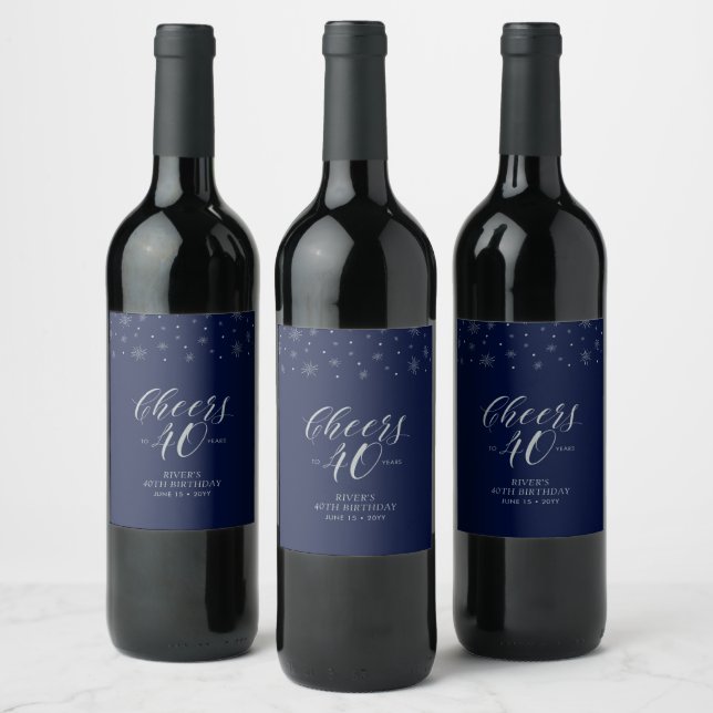 Silver & Blue Cheers 40 years, 40th Birthday Party Wine Label (Bottles)