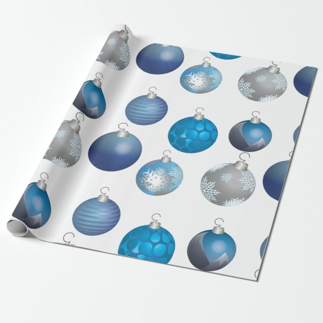 Silver Blue Christmas Baubles Christmas Gift Wrap (Unrolled)