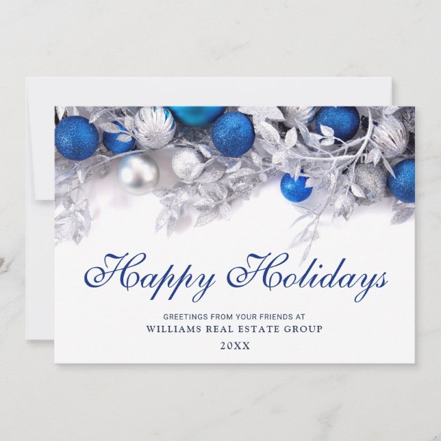 Silver Blue Christmas Ornament Corporate Greeting Holiday Card (Front)