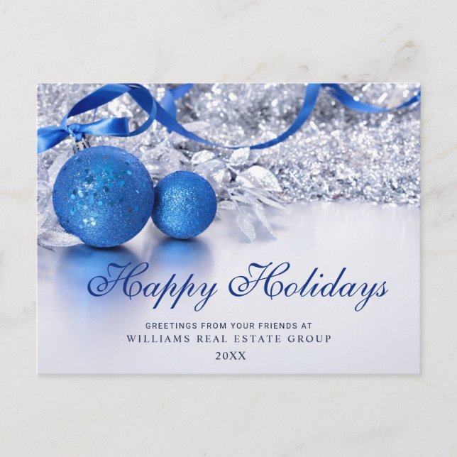 Silver Blue Christmas Ornament Corporate Greeting Holiday Postcard (Front)