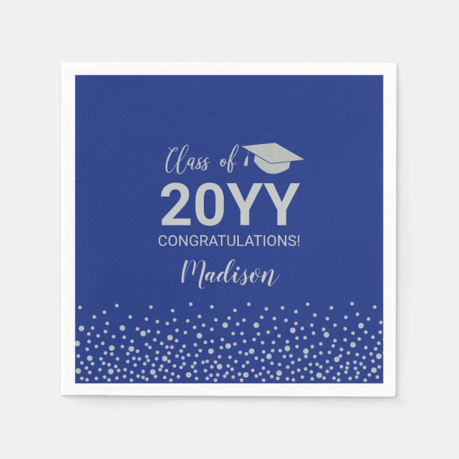 Silver & Blue Confetti Class of Graduation Party Napkin (Front)
