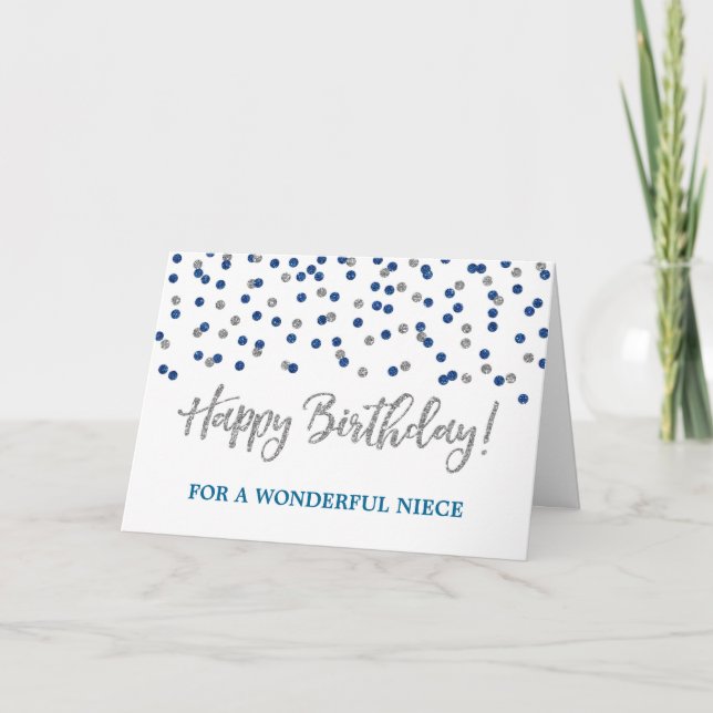 Silver Blue Confetti Niece Birthday Card (Front)