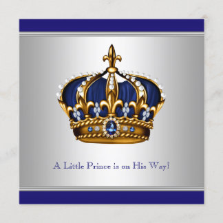 Silver Blue Crown Prince Baby Boy Shower Invitation