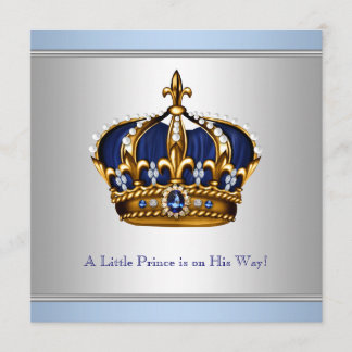 Silver Blue Crown Prince Baby Boy Shower Invitation